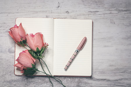 A top view shot of a pen and soft pink decorative flowers on the open notebook surface, the concept of romanceの写真素材