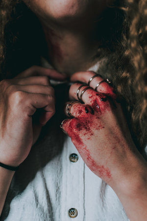 A young female fastening the button with a bloody hand, the victim of violenceの写真素材