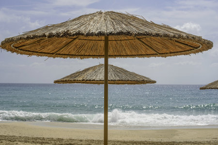 Beautiful Summers Day on the Mediterranean Beach in Alanya on the Turkish Riviera, Turkey.の写真素材