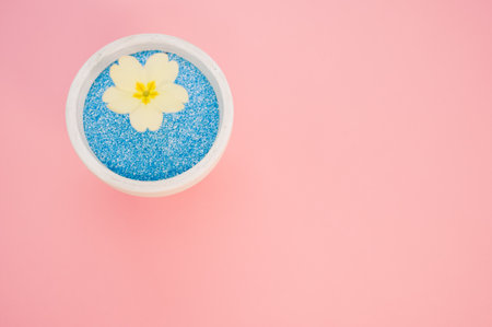 An overhead shot of a yellow flower in a pot of blue sand on a pink backgroundの写真素材