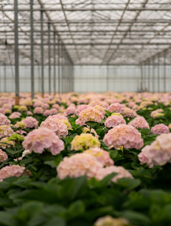 A selective focus of pink Hydrangeas flowers blooming in a greenhouse