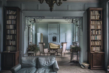 The interiors of a living room with blue walls