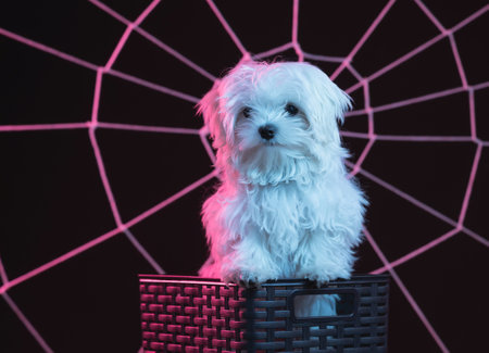 a cute white dog with a black notebook in front of an artificial spider web under pink lightingの写真素材