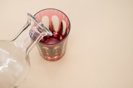 A closeup shot of a bottle of water pouring on a glass isolated on a pink surface with copyspaceの写真素材