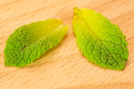 A closeup shot of mint leave on a wooden surfaceの写真素材