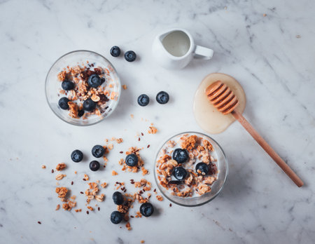 An overhead shot of a natural breakfast with cereals granola, blueberries, milk, and honeyの写真素材
