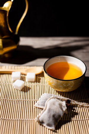 A vertical shot of a traditional Chinese tea ceremony arrangementの写真素材