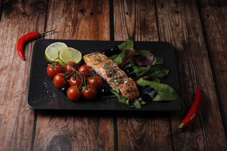 A closeup shot of a gourmet dish with salmon and vegetablesの写真素材