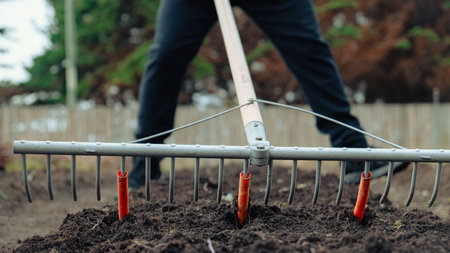 person raking the soil, preparing the garden, vegetable garden, work hard farm natural and organic alimentationの写真素材