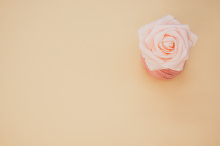 A top view of an artificial pink rose on a thread spool and pastel peach surface for a copy spaceの写真素材