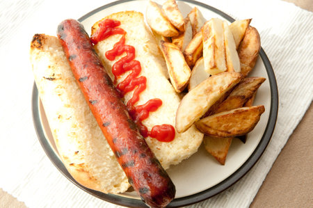A top view of a yummy hotdog with ketchup and baked potatoesの写真素材