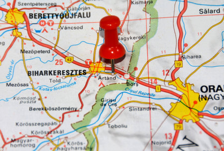 A shot of a pinned location on map of the Artand locality in Hungaryの写真素材