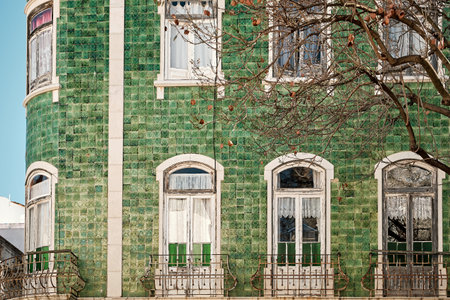 A unique green building facade with tiles in Lagos, Algarve, Portugalの写真素材
