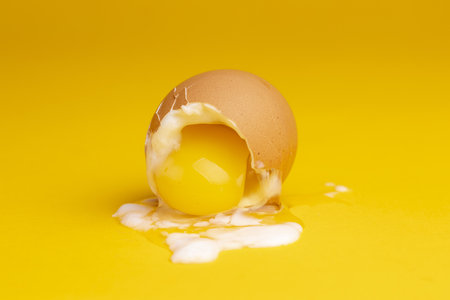 Closeup of fallen over egg-cup with broken shell of soft cooked egg with the slimy white and yolk spilling over a seamless yellow background.の写真素材