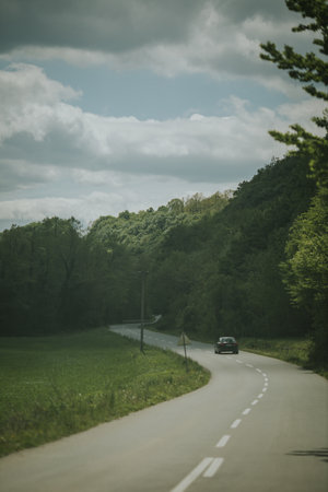 A single black car going down a curving road with tall green trees and a field of grass next to it