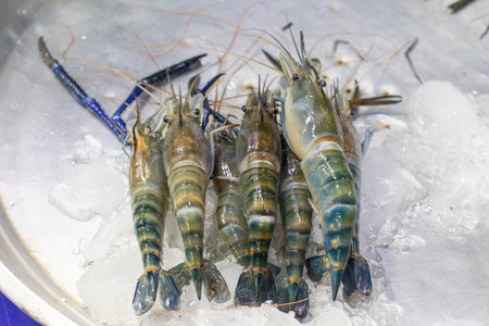 A high angle shot of fresh seafood prawns on a market in Thailand, Asiaの写真素材