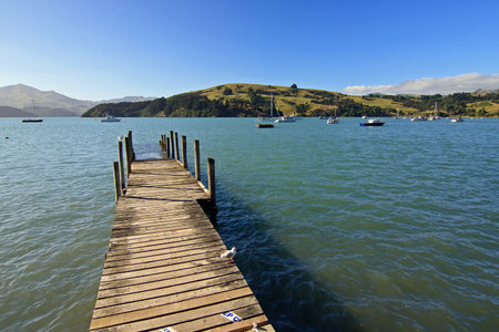 Aerial view of Akaroa peninsula in New Zealand near Christchurchの写真素材