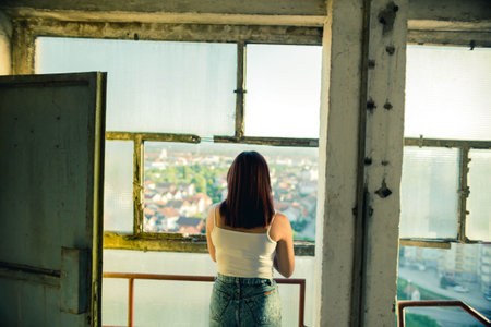 A young Caucasian girl from Bosnia Herzegovina in a white shirt and shorts posing at an old buildingの写真素材