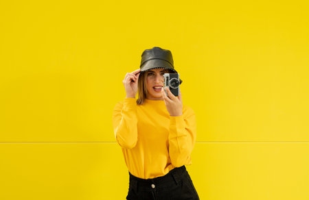 A closeup shot of a young Caucasian lady in yellow with a camera posing for a photoの写真素材