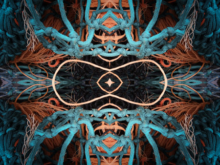 An abstract symmetric pattern of fishnet and fishing linesの写真素材