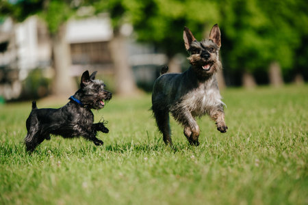 A closeup of two miniature schnauzers running and playing in a park on a sunny dayの写真素材
