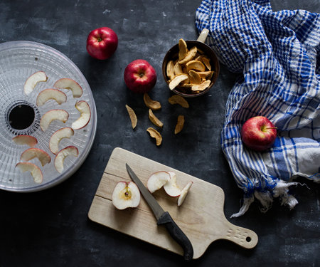 The process of making apple chips with a fruit dryerの写真素材