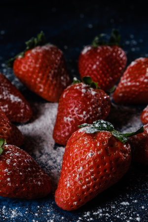 A vertical shot of delicious strawberries with sugar and powderの写真素材