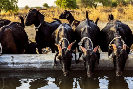 A group of black goats drinking water in the pastureの写真素材