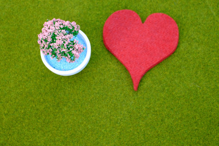 A closeup of a flower pot with an ornamental blossom tree next to a red heart on the grassの写真素材