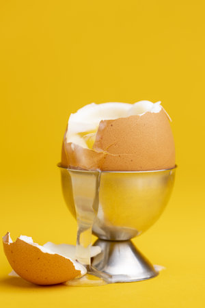 Egg in egg-cup with top to the side and transparent slimy white spilling over a seamless yellow...