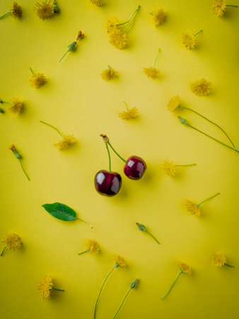 A vertical shot of fresh juicy cherries and flowers isolated on a yellow backgroundの写真素材