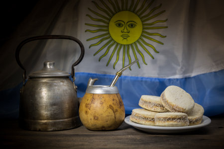 yerba mate and turkey with alfajores of cornstarch and dulce de leche. Argentine traditionの写真素材