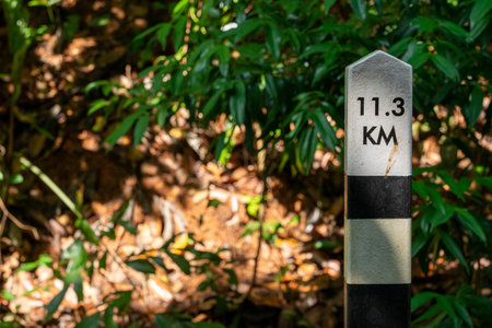 KM and distance markers along trails. Horizontal shotの写真素材