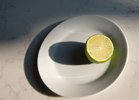 A high angle shot of a half slice of lime casting a long shadow on a simple white plate in a kitchenの写真素材