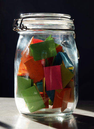 A vertical shot of a positivity jar with a bunch of sticky notes with positive writings in itの写真素材