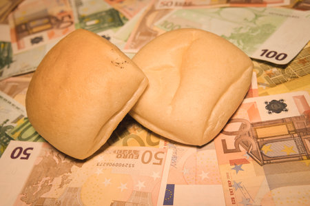 fresh bread on euro banknotes backgroundの写真素材