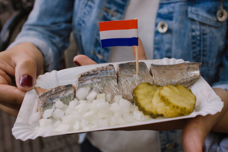 The traditional dutch herrings with Netherlands flag, green pickles, and onionsの写真素材