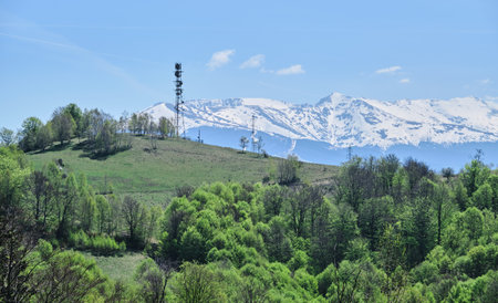 A landscape of greenery surrounded by rocky mountains covered in the snow under the sunlightの写真素材