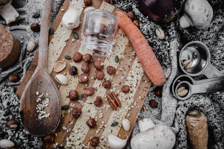 A top view of a messy kitchen table with herbs and spicesの写真素材
