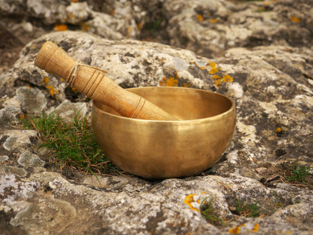 Metal singing bowl for relaxing and receiving healing vibrationsの写真素材