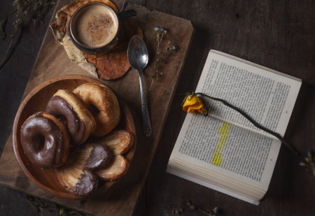 A relaxing rustic scene with a marked book, a plate of donuts and a cup of hot co