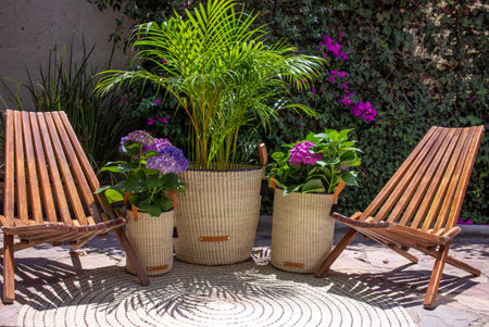 Baskets made with palm leaves used as pots in a garden. A traditional and handmade product from...