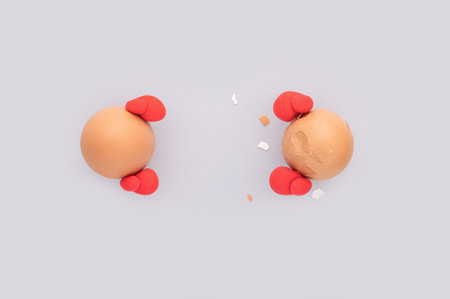 An overhead shot of eggs with box gloves on a gray backgroundの写真素材