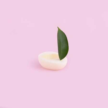 A vertical shot of a green leaf on a boiled egg cut in half on a pink backgroundの写真素材
