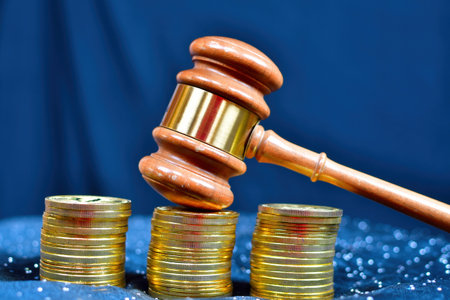 Three stacks of gold coins with a gavel resting on the middle stacks.
the concept of white-collar crimeの写真素材