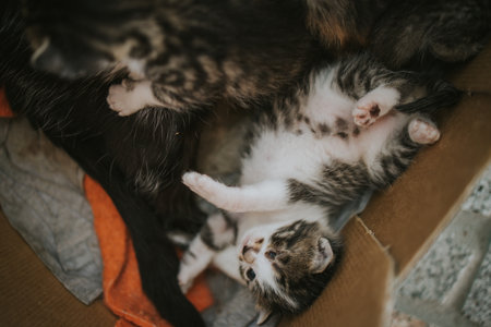 A high angle shot of cute little kittens playing in a cardboard boxの写真素材