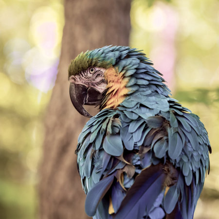 A closeup shot of an ara macaw parrot with blurred background