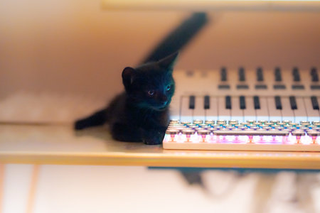 A closeup shot of a cute black kitten lying on a tableの写真素材