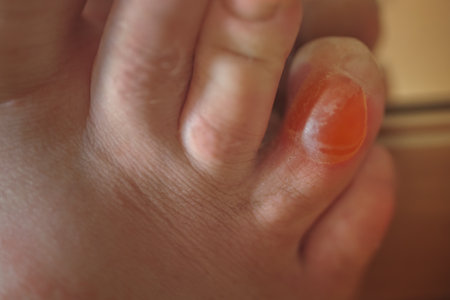 Friction blister - small pocket of body fluid within the upper layers of the skin, usually caused by forceful rubbing.の写真素材