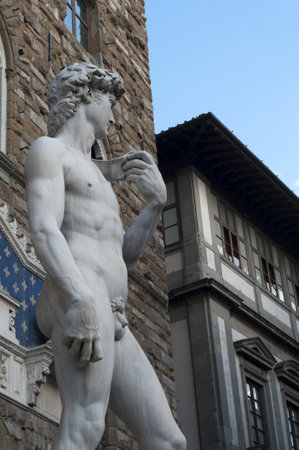 A vertical shot of a replica statue of David by Michelangelo in Piazza Signoria, Florence, Italyの写真素材